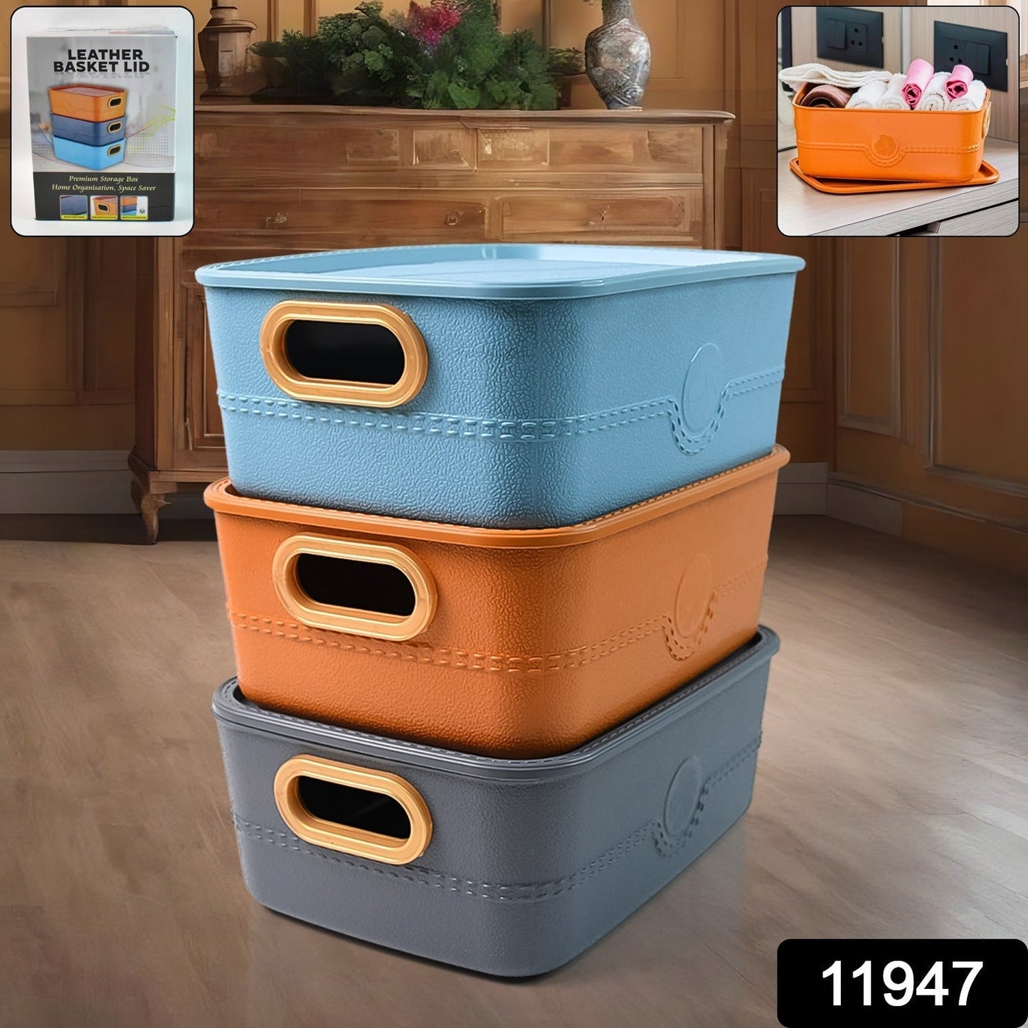 3-Piece Plastic Multipurpose Storage Basket Bin Set with Handle (3 Pcs Set)