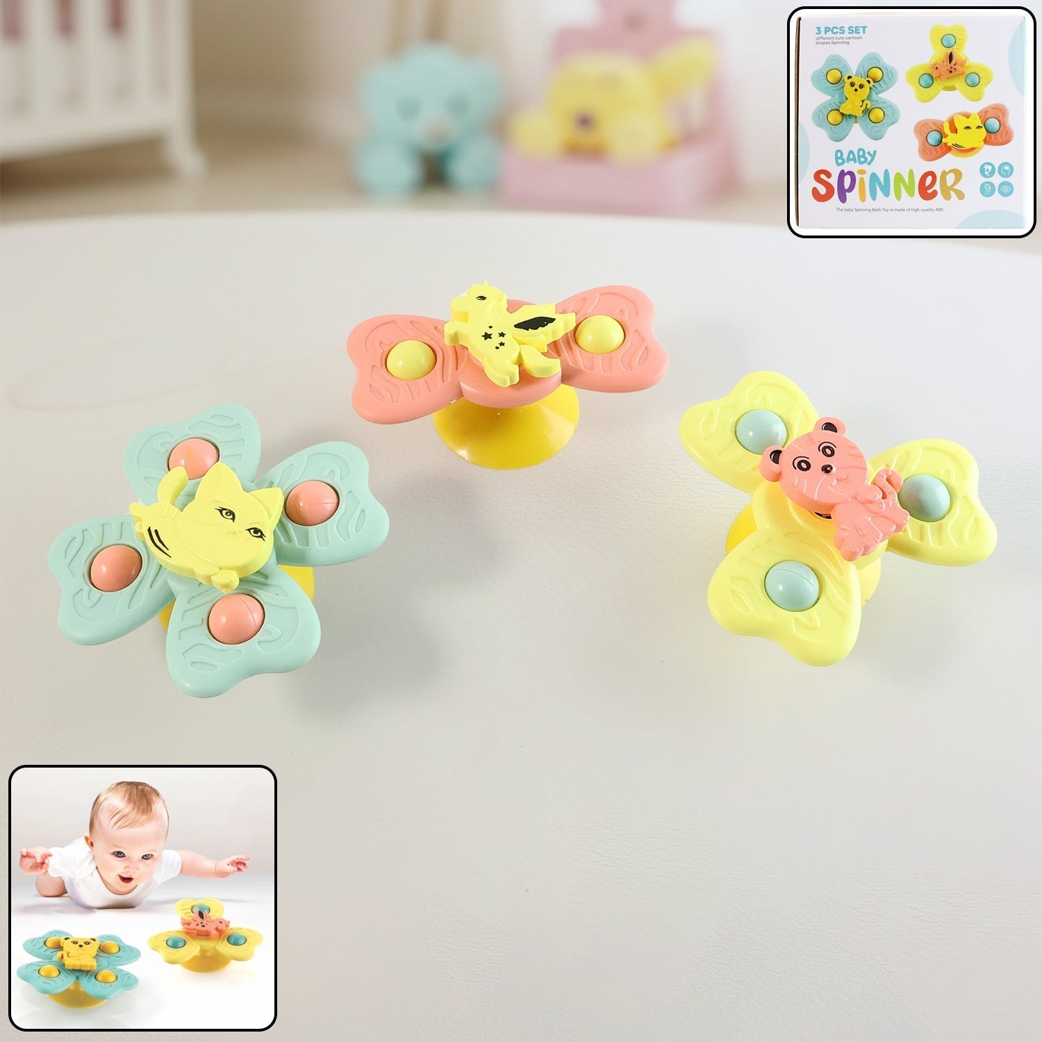 Buzzy Baby Spinner Toy Set â€“ Suction Cup Spinning Toys (3 Pc Set)