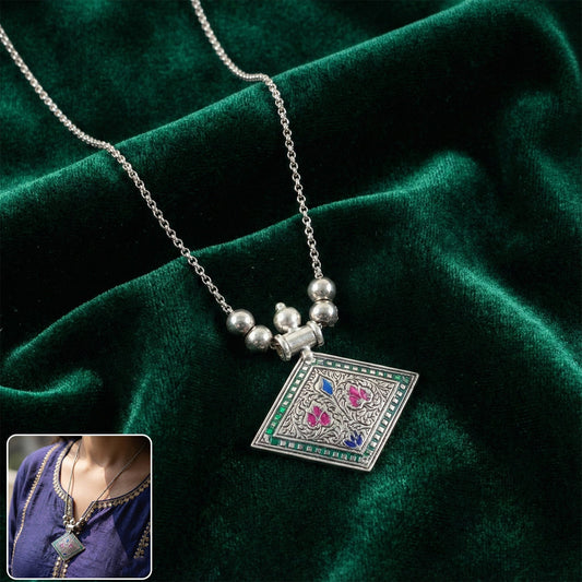 Traditional Square Motif Oxidised Silver Finish Pendant Necklace (1 Pc)