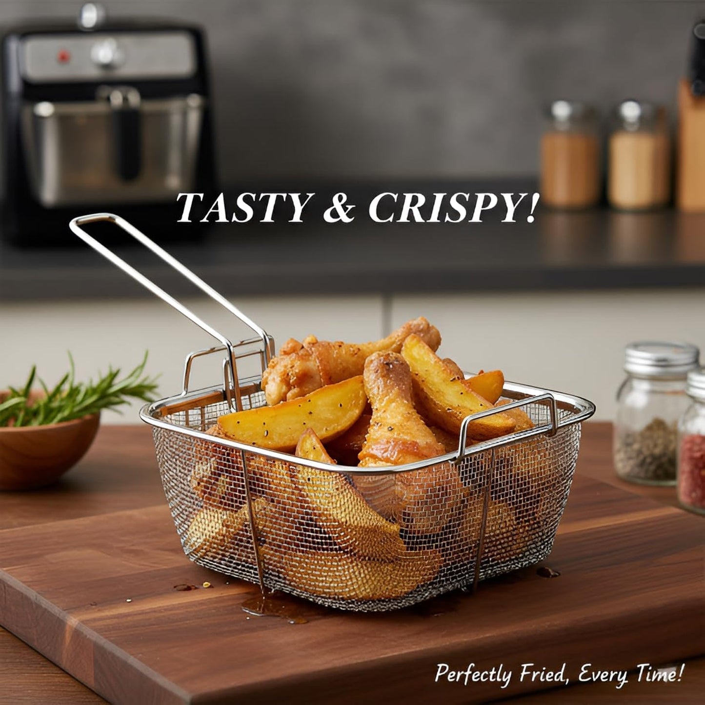 Stainless Steel Deep Fryer Basket with Long Handle (1 Pc)