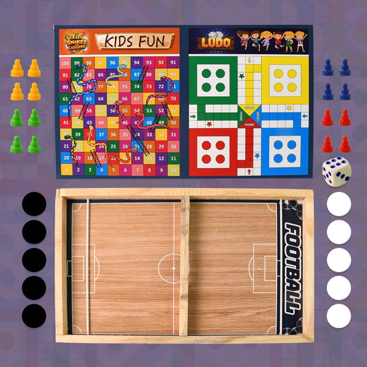 Wooden Board Game Set â€“ Ludo, Snakes & Ladders, and Desktop Football (3-in-1)