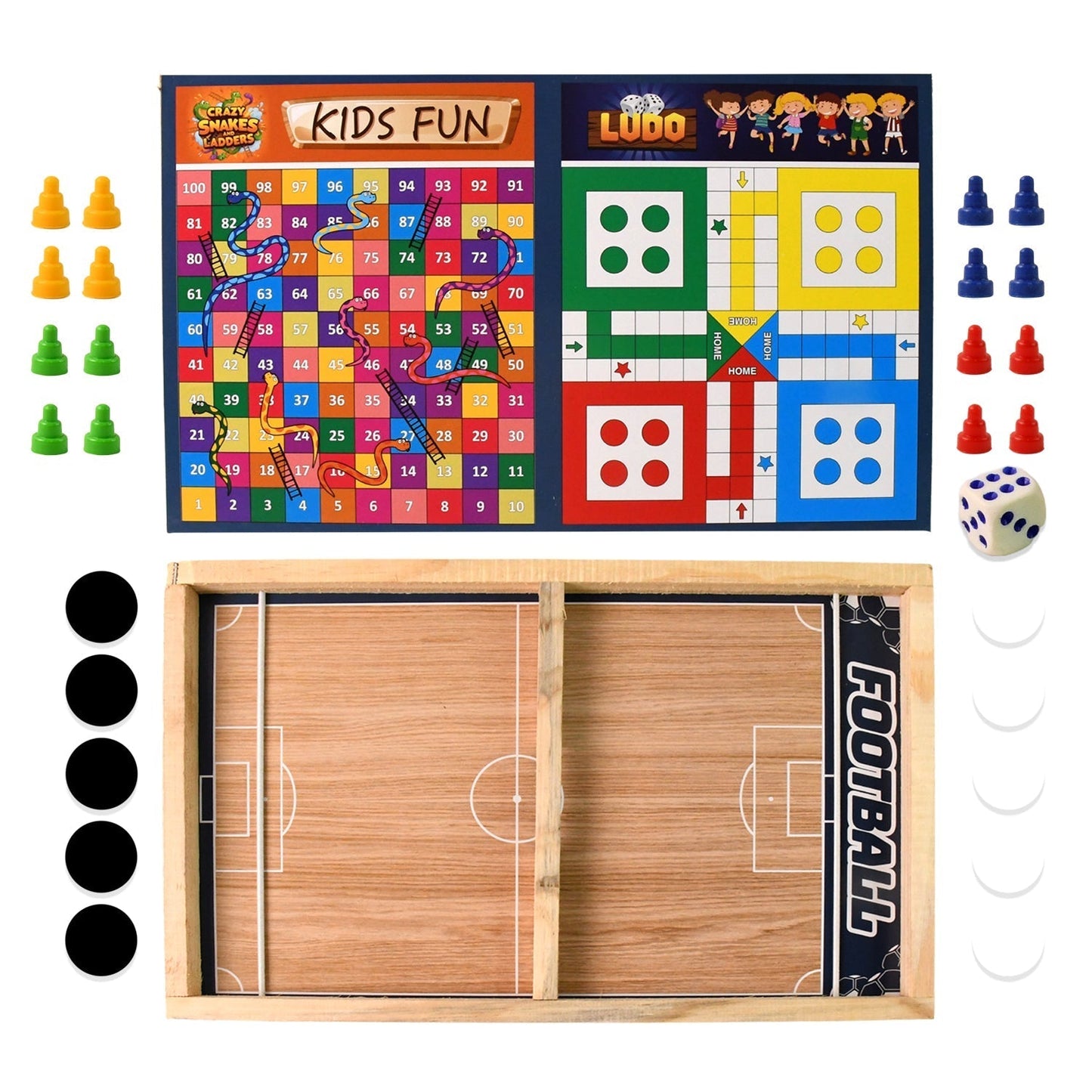 Wooden Board Game Set â€“ Ludo, Snakes & Ladders, and Desktop Football (3-in-1)
