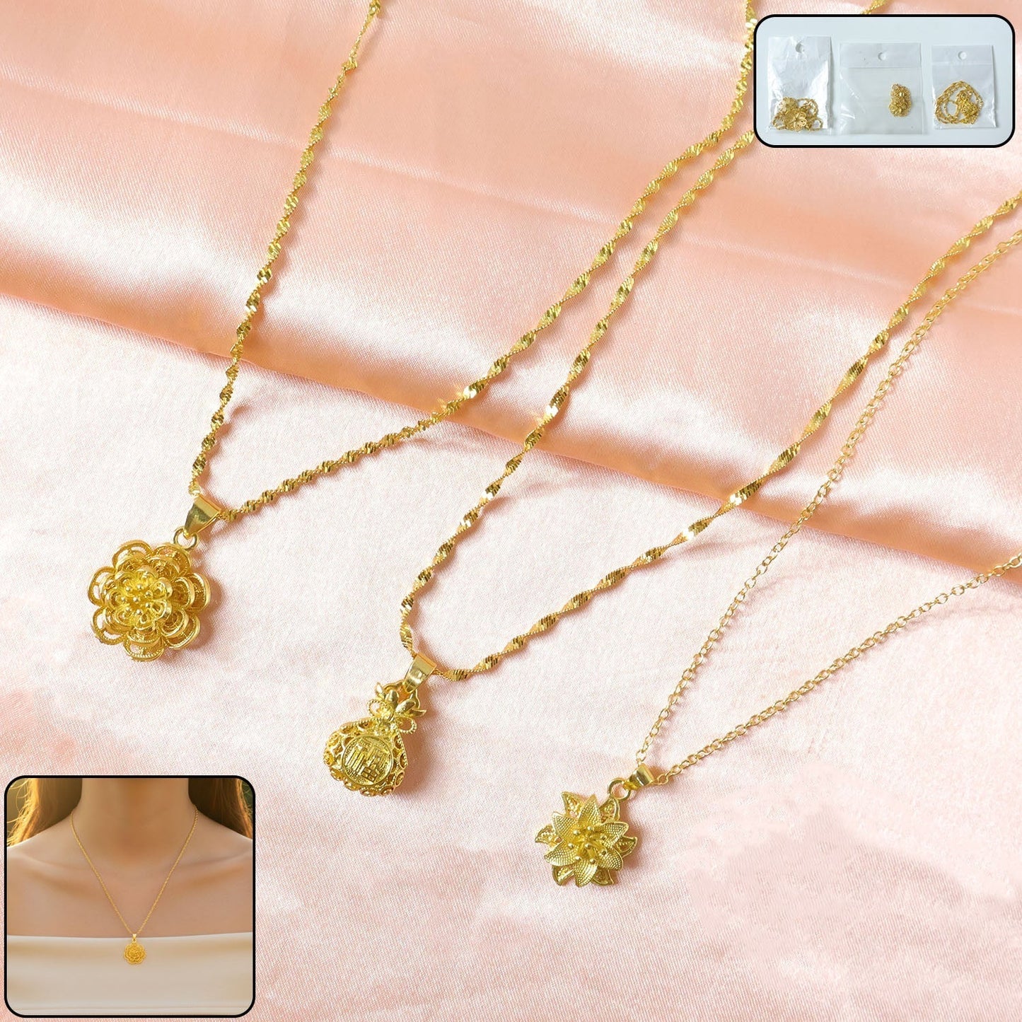 Elegant Gold Finish Floral & Traditional Pendant Necklace (1 Pc, Mix Design)