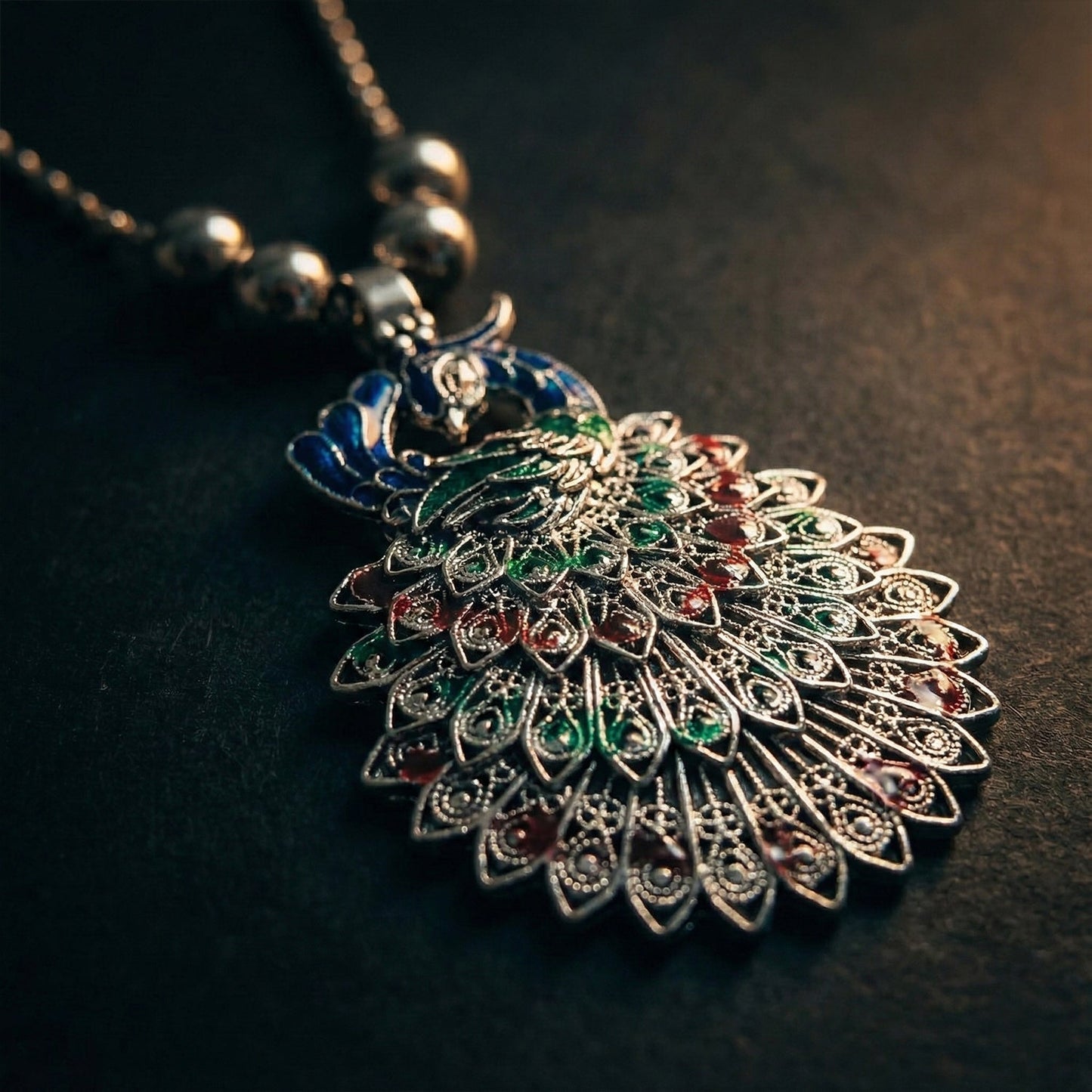 Antique Silver-Tone Peacock Design Oxidized Pendant Necklace (1 Pc)