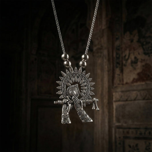Oxidised Silver Finish Krishna Flute Pendant Necklace (1 Pc)