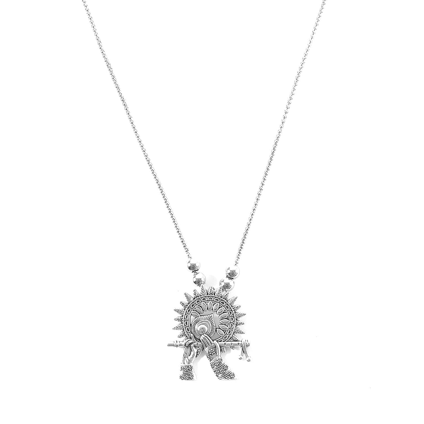 Oxidised Silver Finish Krishna Flute Pendant Necklace (1 Pc)