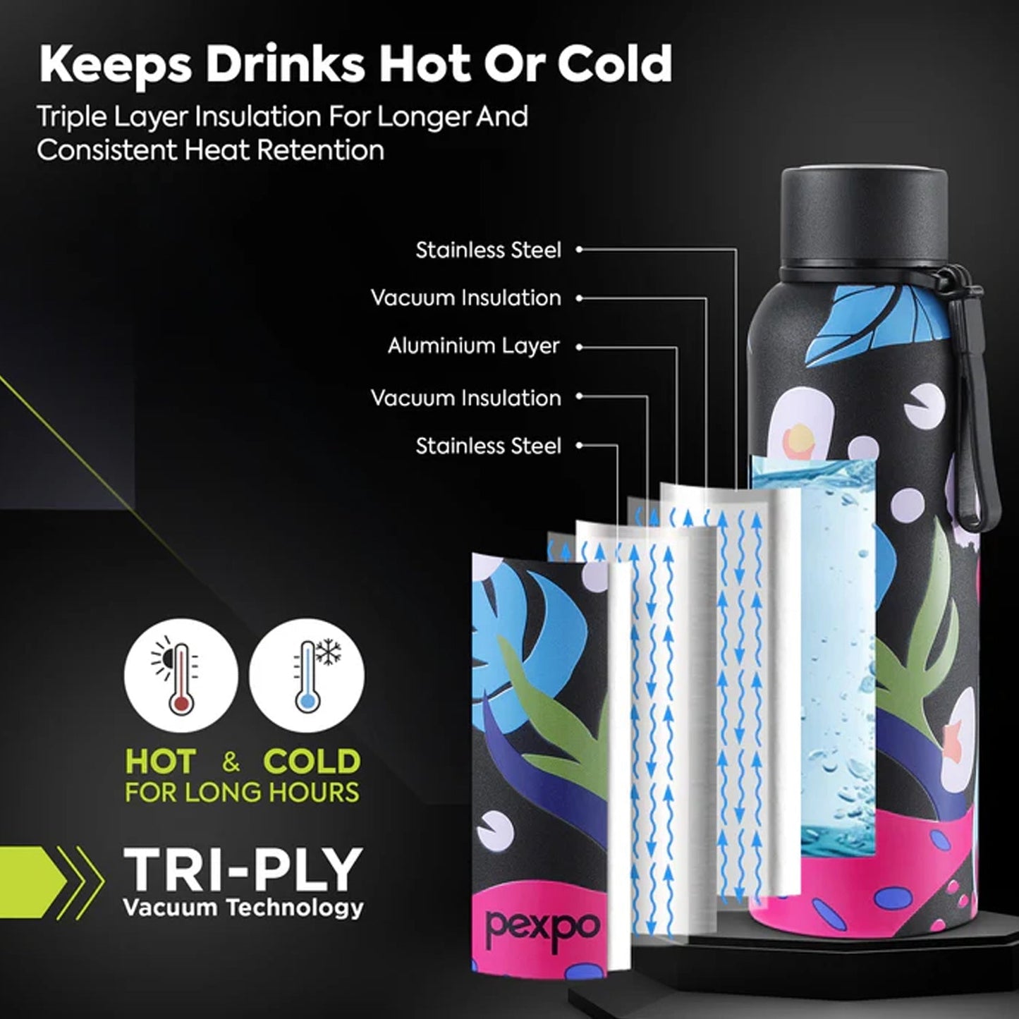 Pexpo Stainless Steel Printed Water Bottle 800 ML Approx (1 Pc)