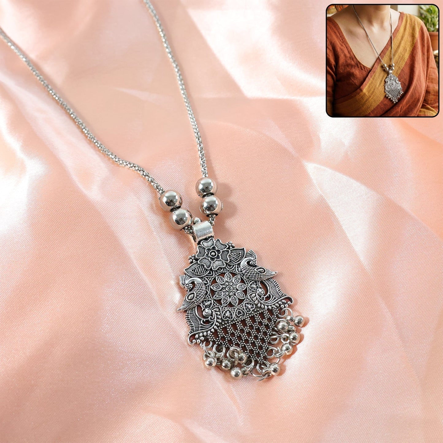 Oxidized Silver Finish Floral Motif Statement Pendant Necklace (1 Pc)