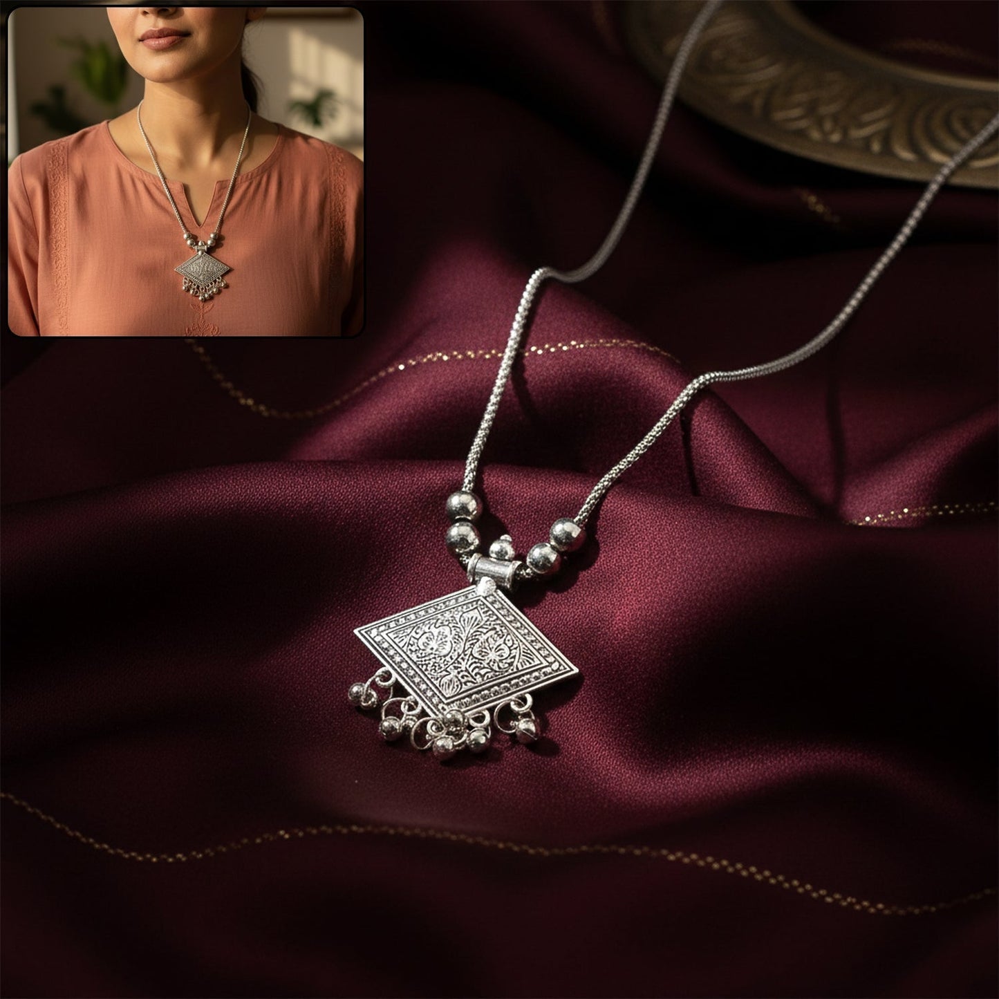 Antique Silver-Tone Square Floral Motif Oxidized Pendant Necklace (1 Pc)