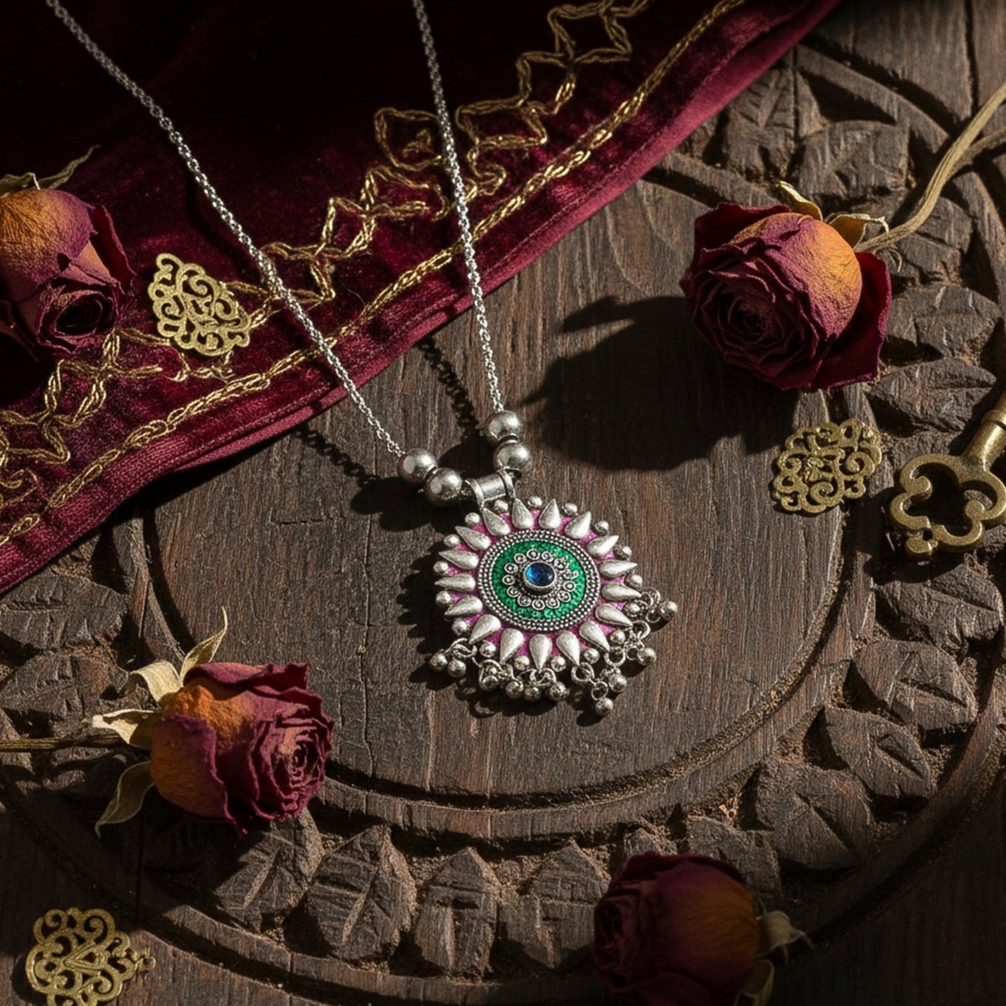 Antique Silver-Tone Oxidized Circular Enamel Pendant Necklace (1 Pc)