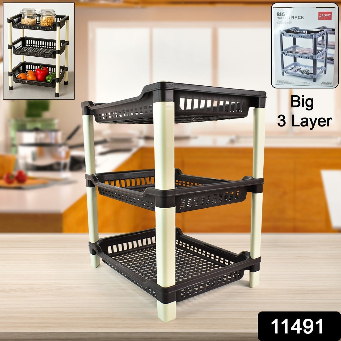 Apex Big Multi use Plastic Storage Rack â€“ 3-Tier (1 Pc)