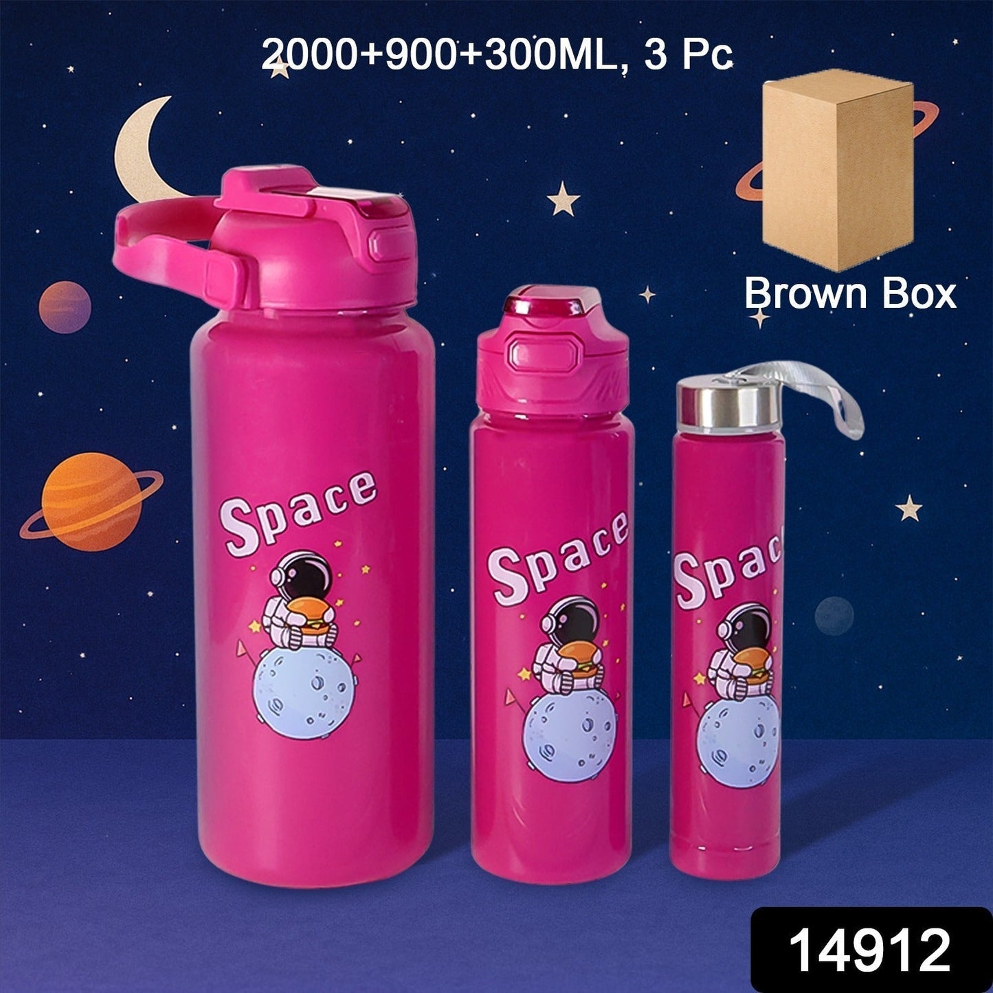 Space Theme Printed Water Bottles â€“ 2000ML, 900ML & 300ML Approx- (Set)