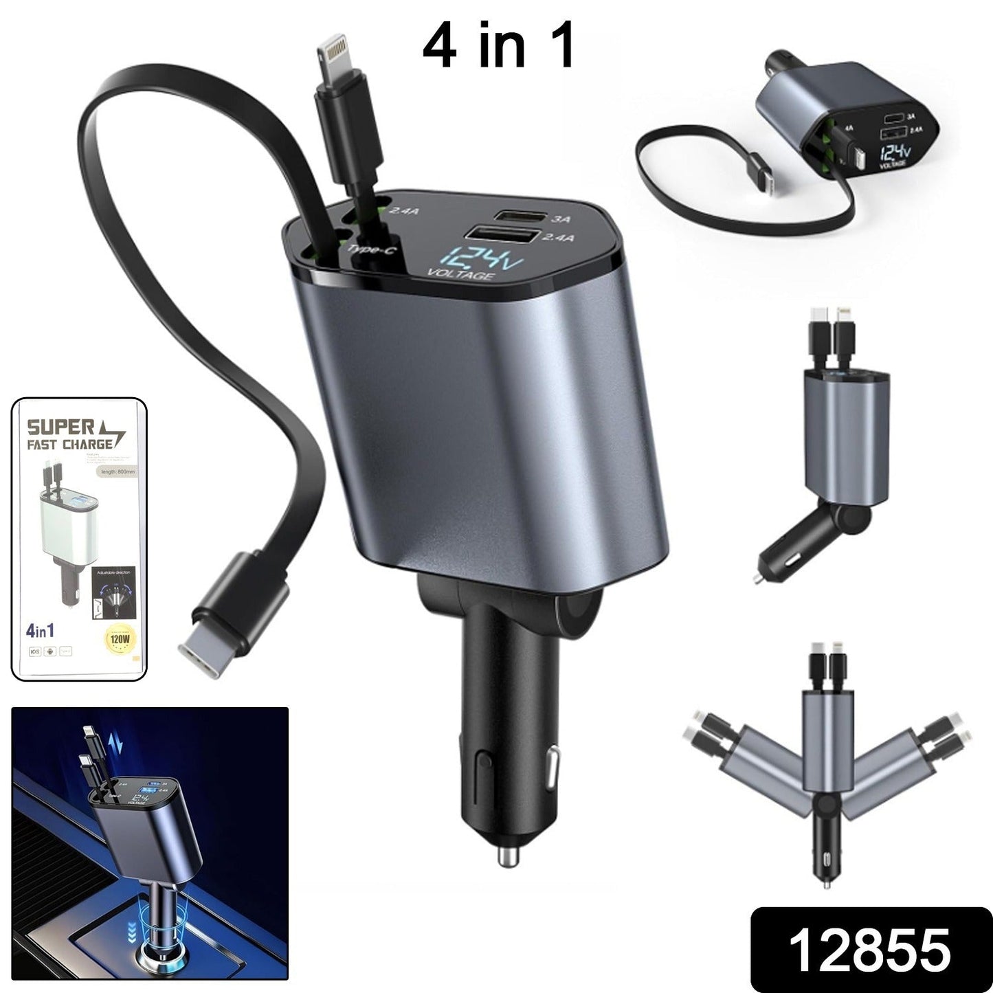 4-in-1 Super Fast Car Charger with Dual Built-In Cables, Dual USB Ports,