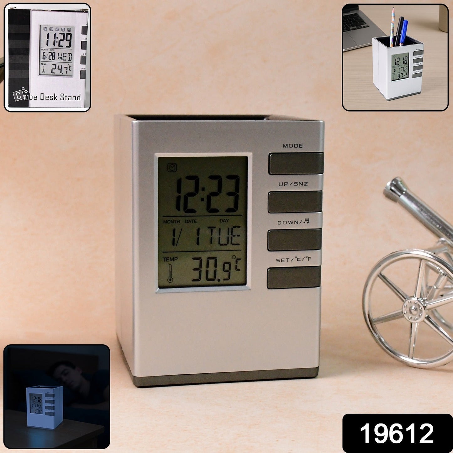 Multifunction Cube Digital Desk Clock with Pen Holder (1 Pc)