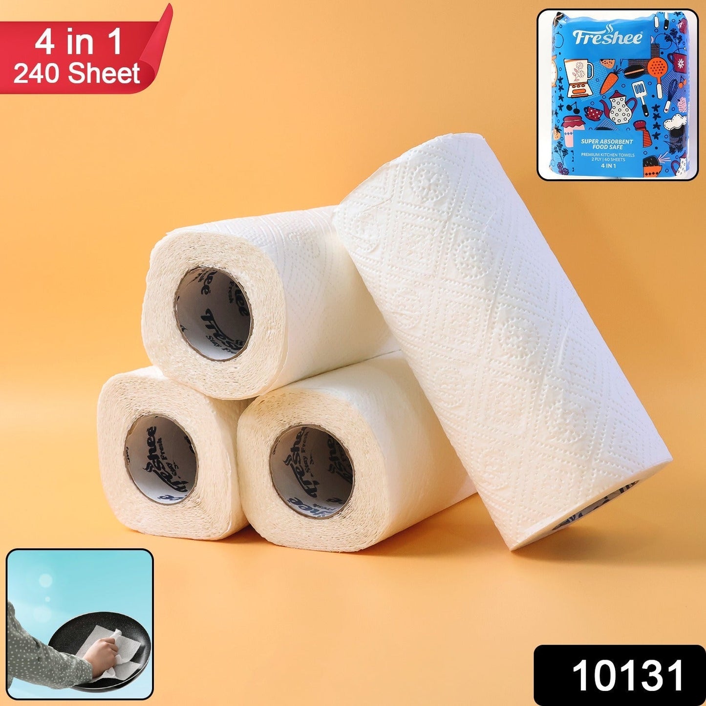 Freshee Super-Absorbent Kitchen Roll 4-in-1 Paper Towels (4 Rolls Ã— 60 Sheets = 240 Sheets)