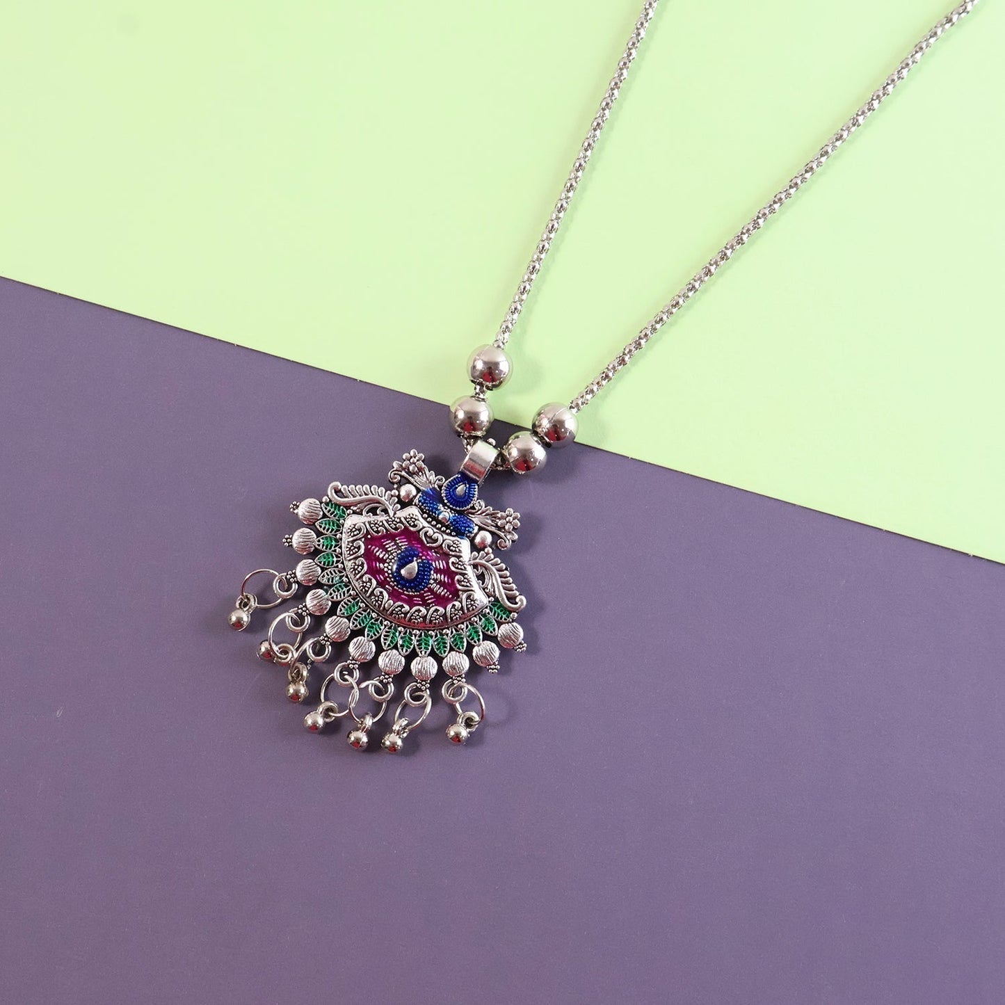 Elegant Traditional Oxidised Temple Motif Long Necklace (1 Pc)
