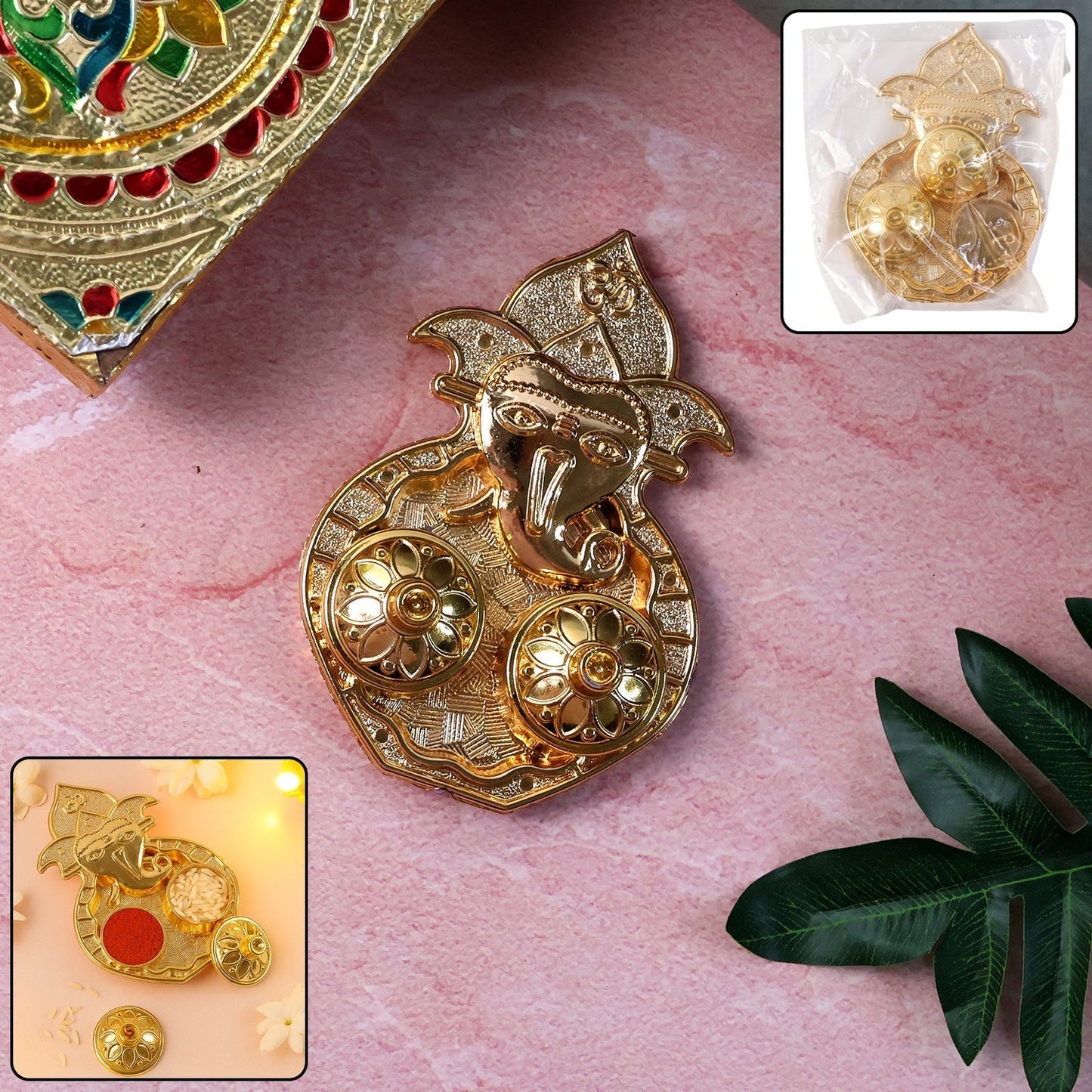 Traditional Golden Lord Ganesha Kumkum Dish  (1 Pc)