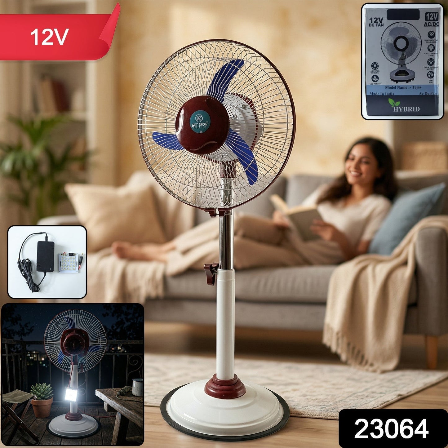 OMEGA 12V Rechargeable Pedestal Fan with LED Light (1 Pc)